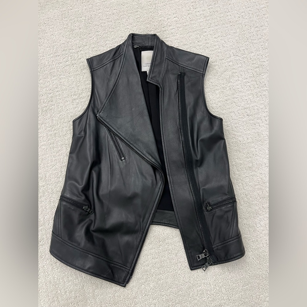 Robert Rodriguez Black Leather Asymmetrical Sleeveless Vest